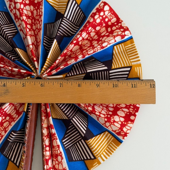 Vintage African Fabric Folding Fan Handmade Leather Handle Abstract - Picture 6 of 6